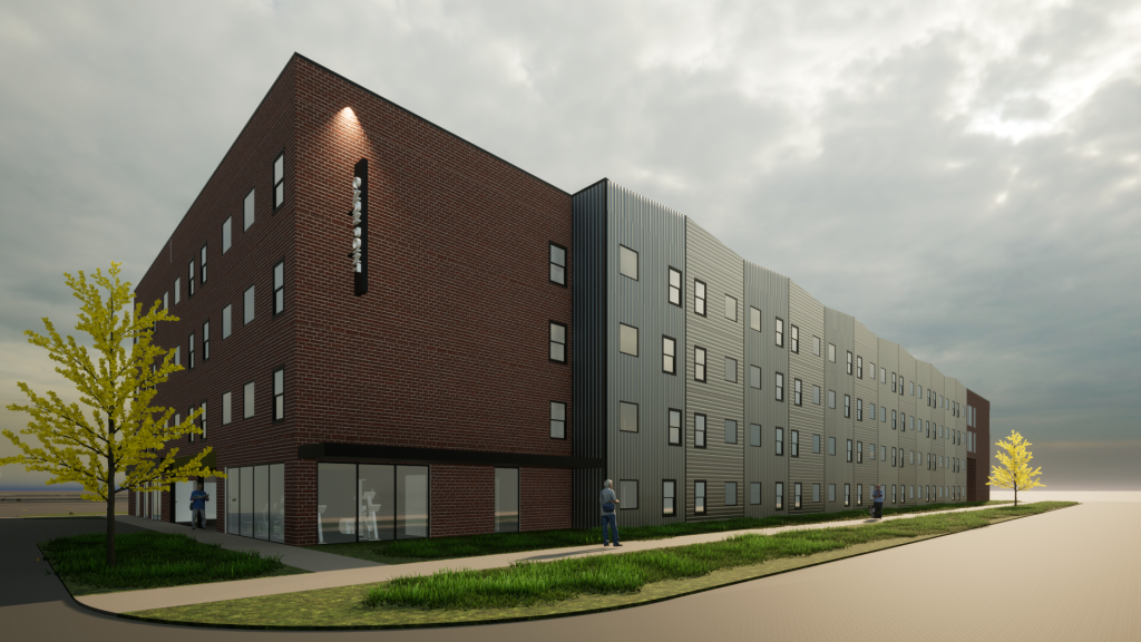 Rendering of a long rectangular, four-story building; both ends of the building has a red brick facade. The middle of the building’s exterior grey.
