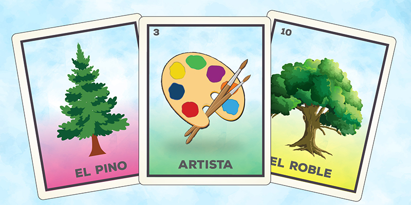 Three illustrated cards against a cloud-patterned blue background: a pine tree labeled "EL PINO," an artist's palette marked "ARTISTA," and an oak tree named "EL ROBLE," each on a colorful gradient. Numbers adorn the top of the palette and oak cards, reading "3" and "10," respectively.