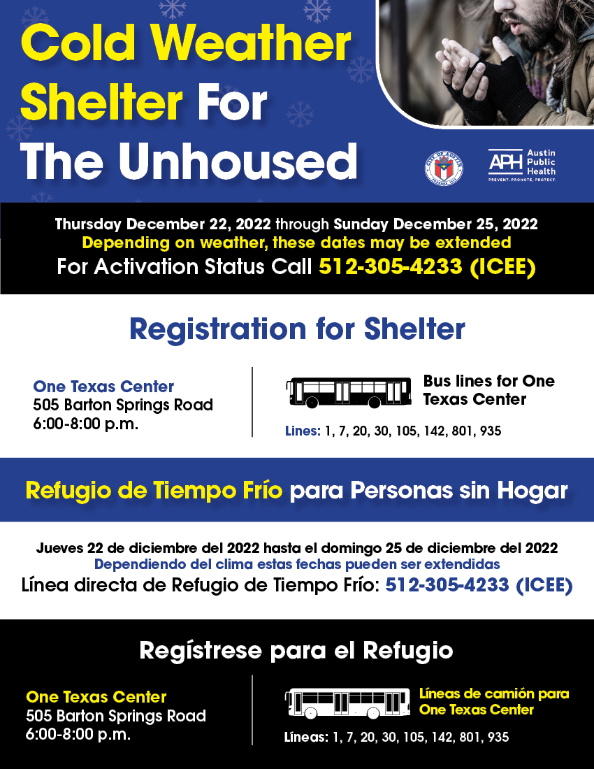 Information flyer about Cold Weather Shelter for the unhoused