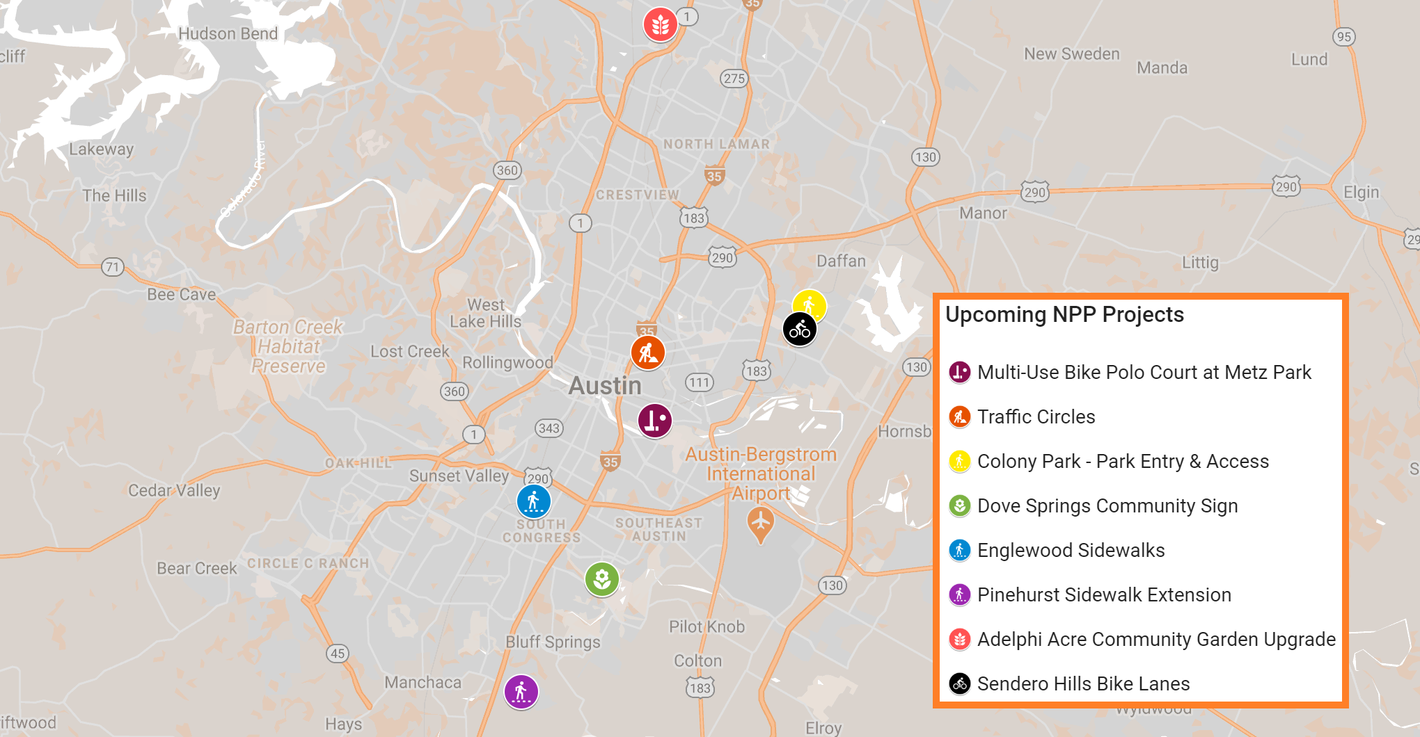 Locations of upcoming Neighborhood Partnering Program Cost-Sharing Projects. A map showing the eight locations of the upcoming Neighborhood Partnering Programs around Austin.