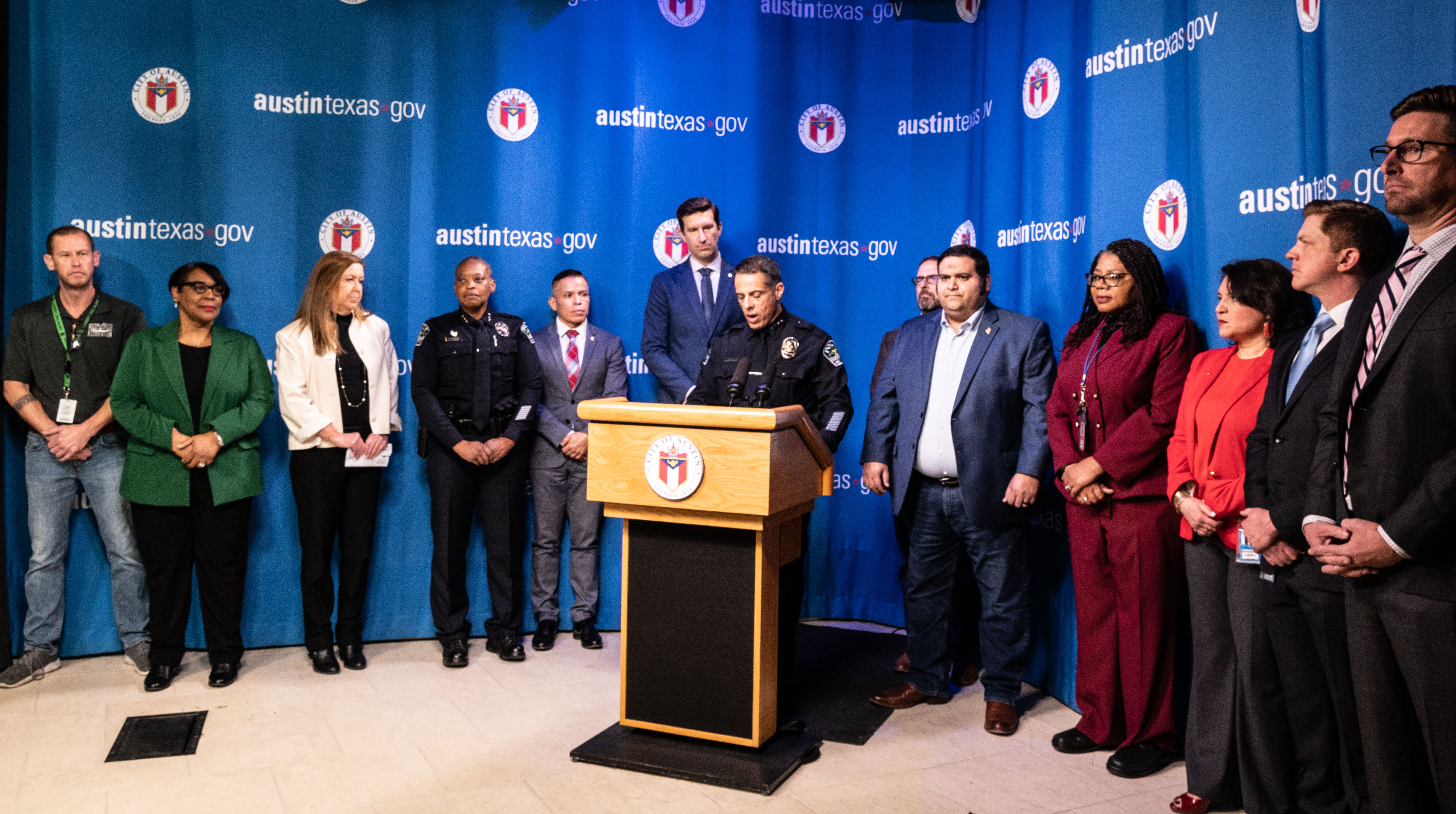 Chief Chacon, City Manager Cronk, and APA President Villarreal address a news conference on Feb. 9.