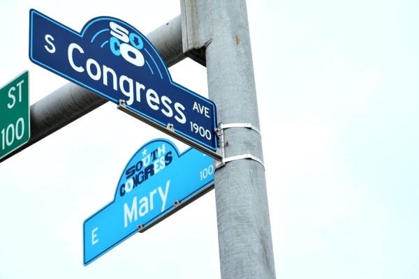 Customized street signs at South Congress Avenue and East Mary Street. Customized street signs at South Congress Avenue and East Mary Street.