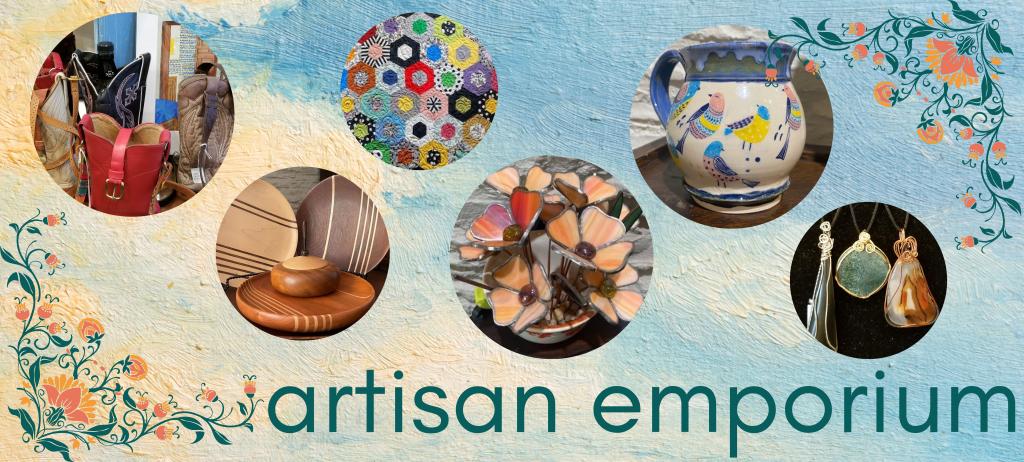 Artisan Emporium - images featuring boots, wood carvings, jewelry, quilts, and ceramics