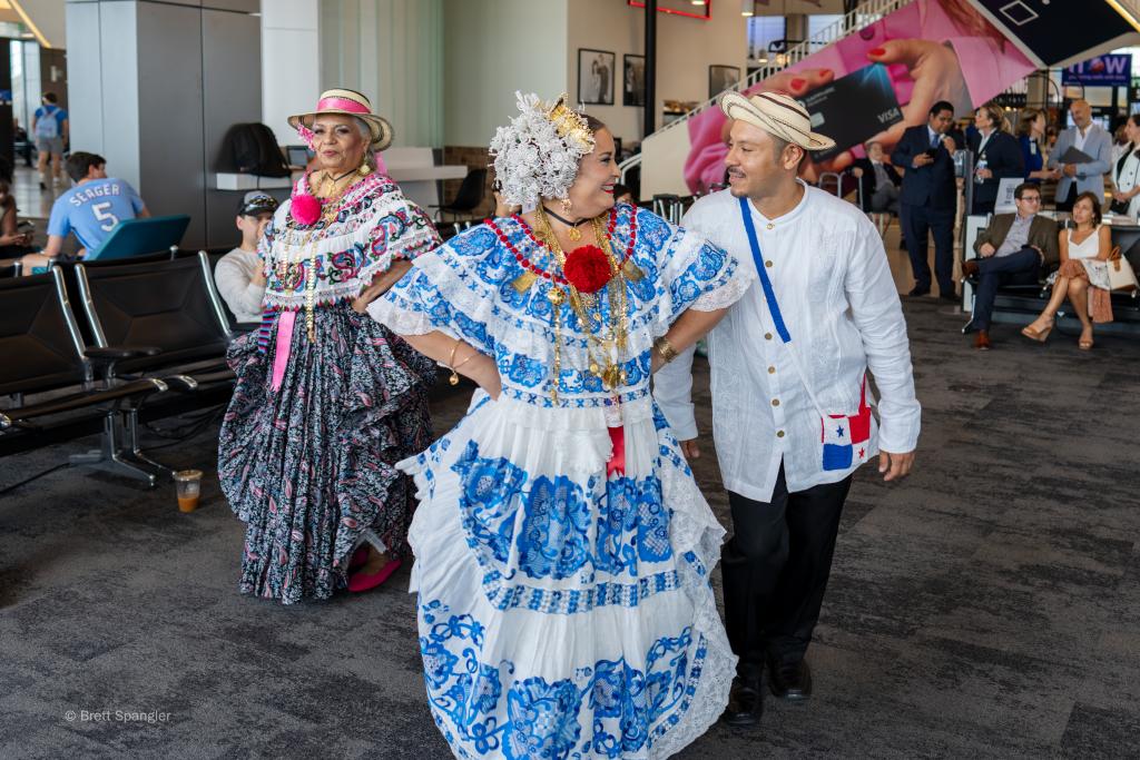 Photo of Panamanian dancers performing in the terminal for the Copa Airlines launch at AUS