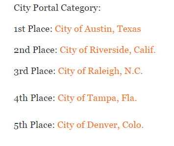 For the City Portal Category, City of Austin-Texas place 1st place. 