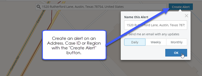 Create an alert on an address, case ID or region with the "create alert" button.