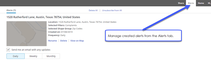 Manage created alerts from the Alerts tab.