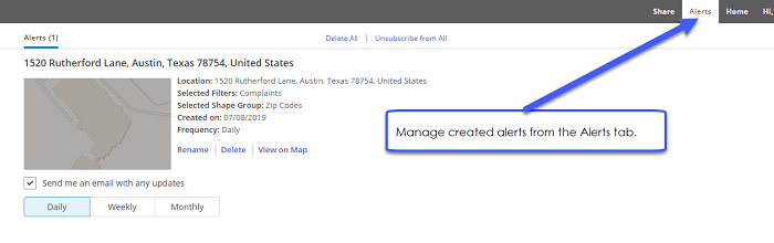 Screenshot of managing created alerts from the Alerts tab