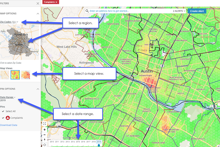 Screenshot of adding filters by region, date range, or map view