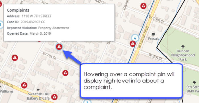 Screenshot of hovering over a complaint pin to display general info about a complaint