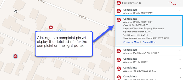 Screenshot of clicking on a complaint pin to display the detailed info for that complaint