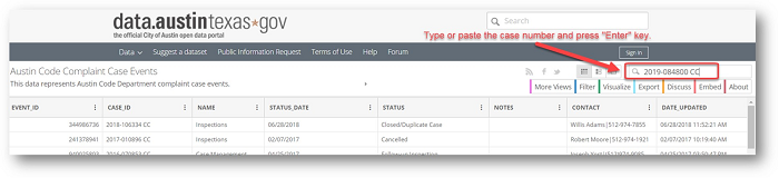 Screenshot of the Austin Code Complaint Case Events table in the Austin Data Portal. Visit the portal, type in your desired address and then press enter to view status updates of any code case associated with that address.