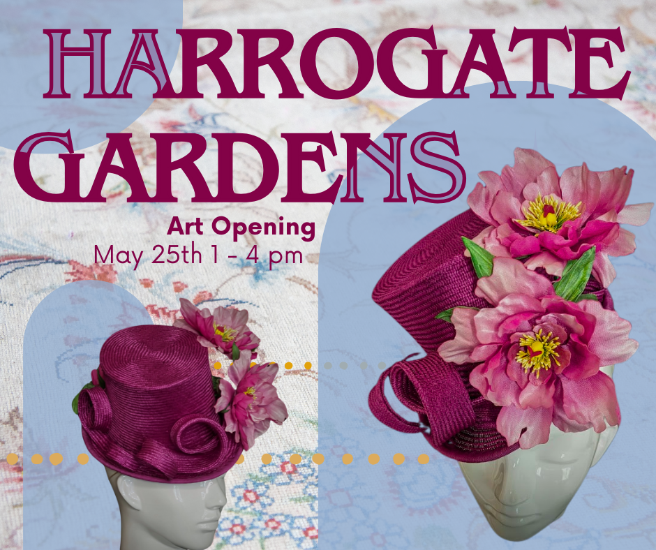 Harrogate Gardens promotional image featuring handmade pink hat with flowers