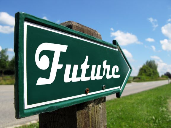 Road sign with arrow, "Future"