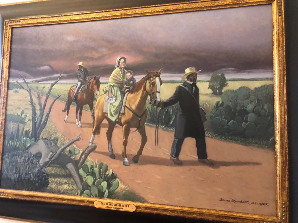 Painting of Susanna Dickinson on the road with two other survivors including Travis' slave "Joe" after the Battle of the Alamo.