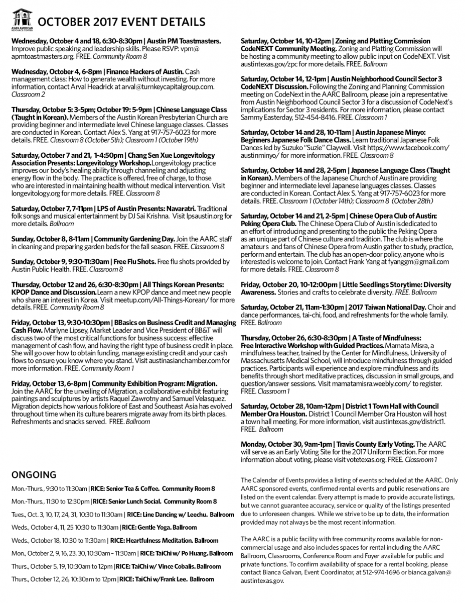 AARC October 2017 Calendar