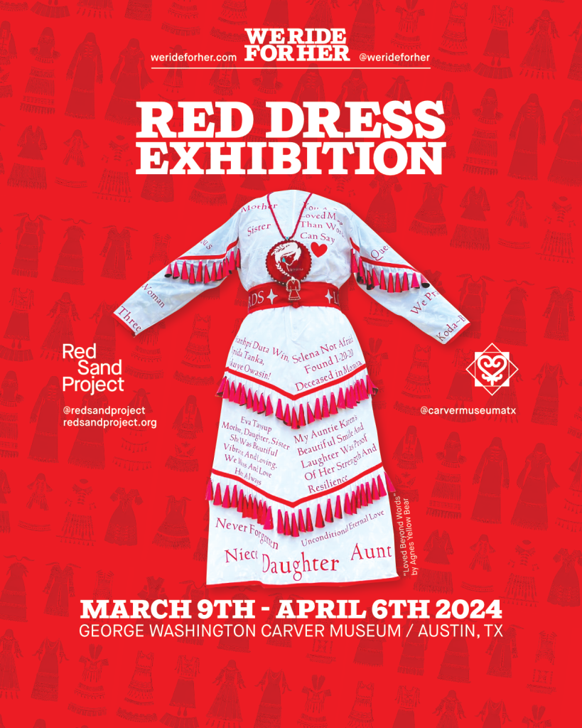 Red graphic with white dress