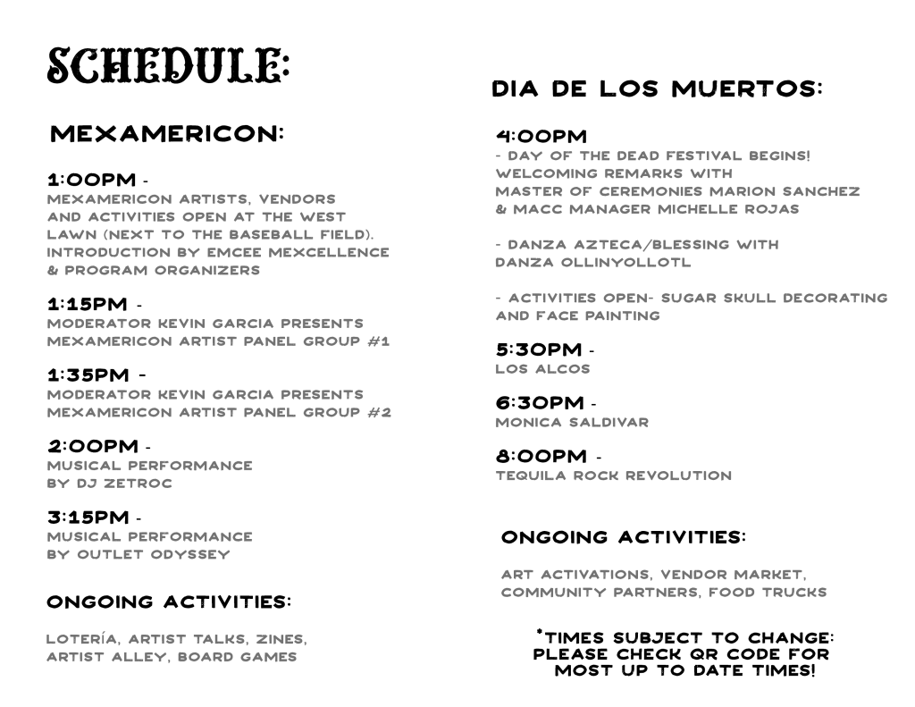 Graphic of Day of the Dead and Mexamericon festival schedule, you can find the readable text below