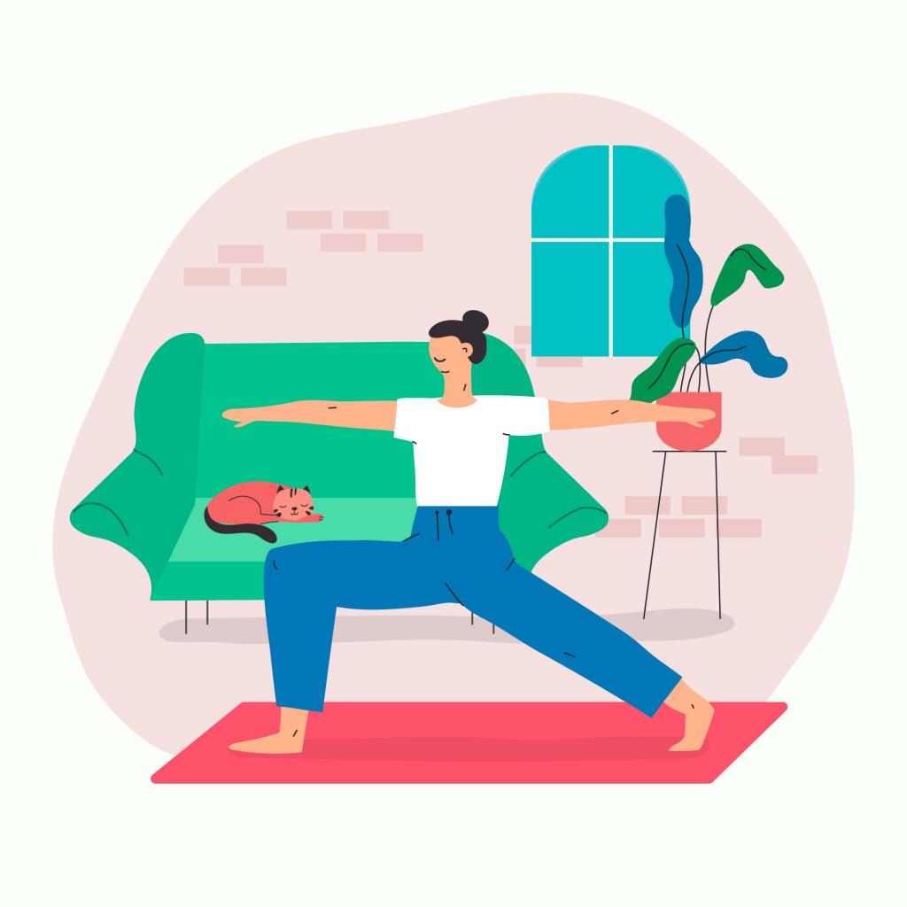 Cartoon person doing yoga in their living room