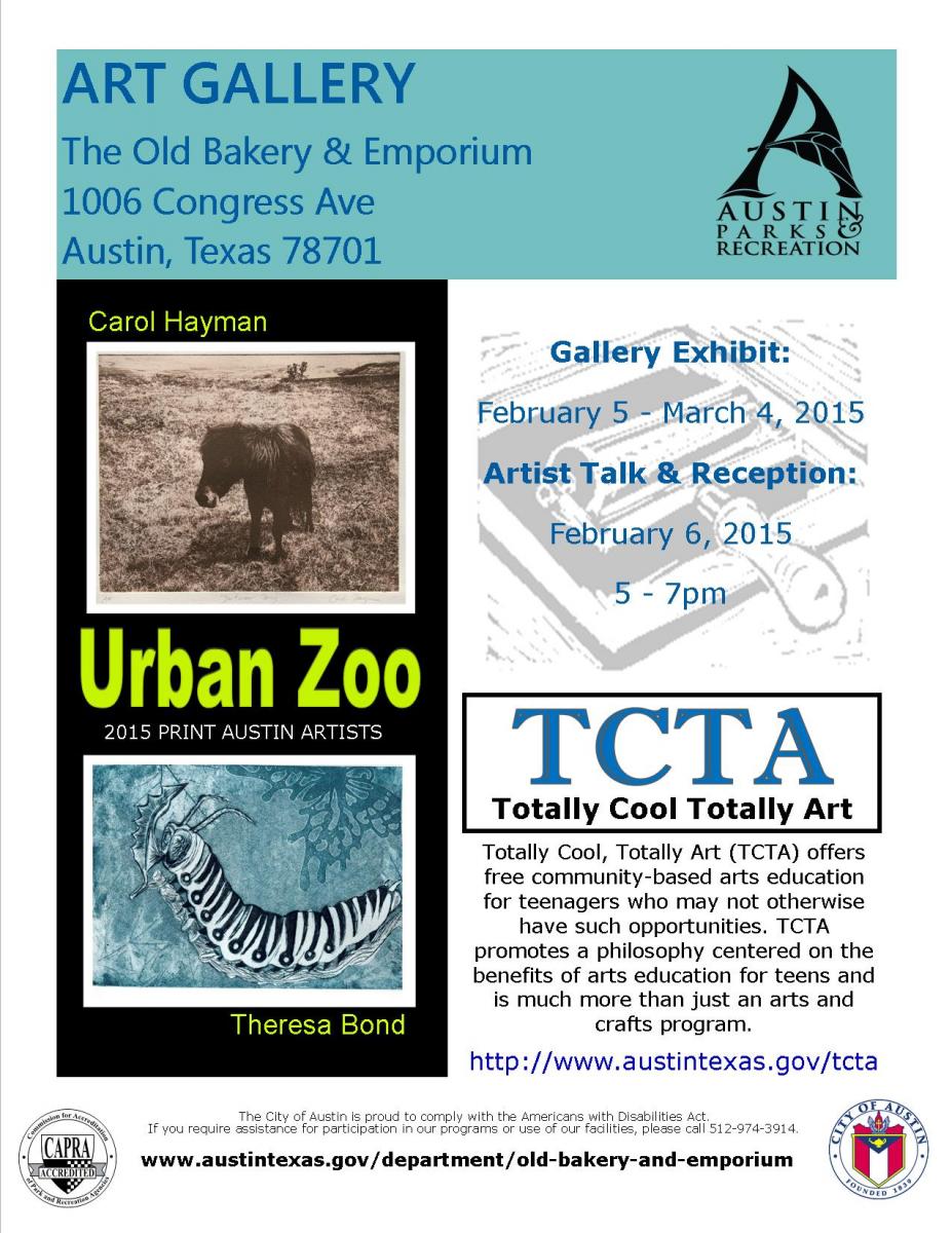 February Art Exhibit: "Urban Zoo" with Carol Hayman, Theresa Bond and Totally Cool, Totally Art (TCTA) Artists