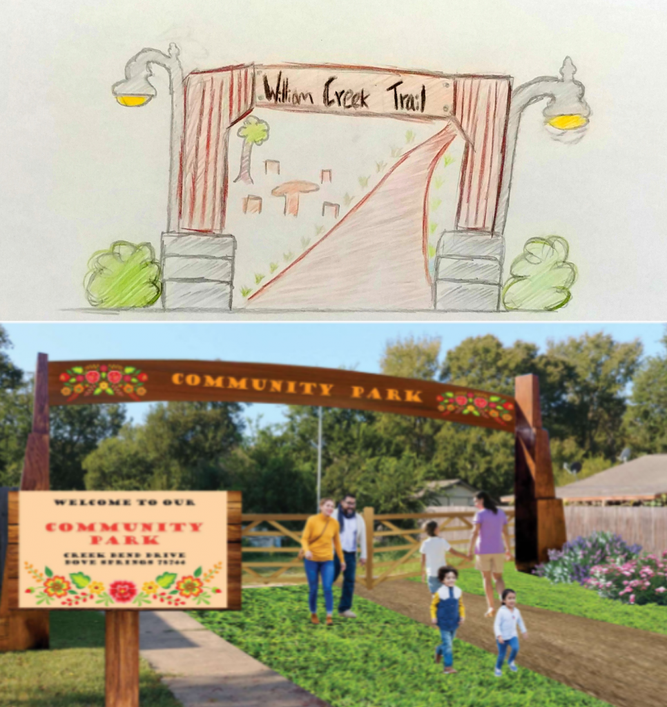 a children's drawing of an entryway for Williamson Creek Park, a rendering of an entryway for Williamson Creek Park