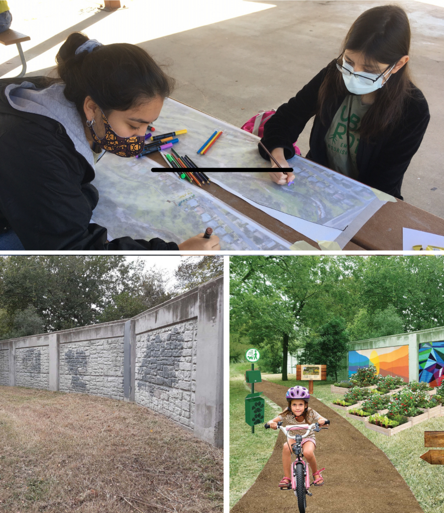 image collage: children drawing site plans on a picnic table, the Williamson Creek floodwall, a rendered image of a girl riding her bike on a new trail next to community gardens