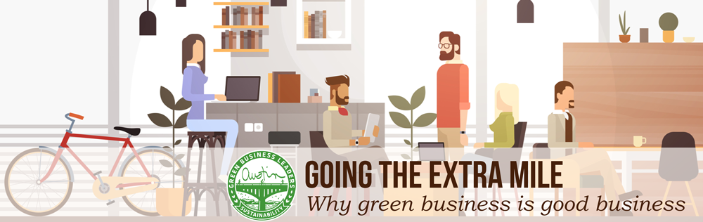 Text overlay: Going the Extra Mile: Why green business is good business. Photo: animation of peopel working in an office.