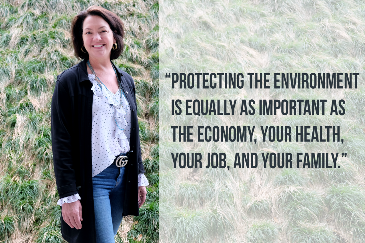"Protecting the environment is equally as important as the economy, your health, your job, and your family." typed in quotes next to a photo of Laura Huffman with a green grassy background.