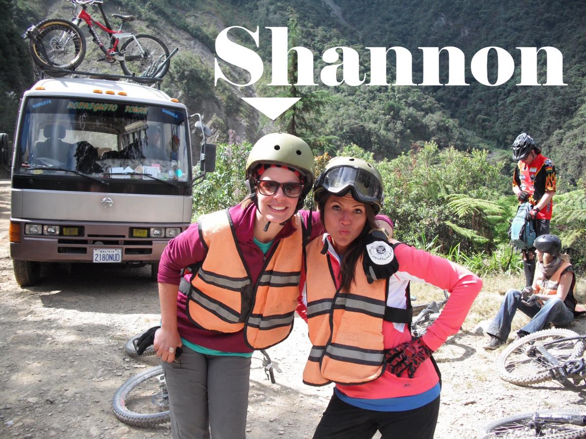 Text: Shannon, picture of Shannon and friend with van, bicycle and mountain in background