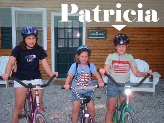Text: Patricia, picture of Patricia on bike as a child with two sisters 