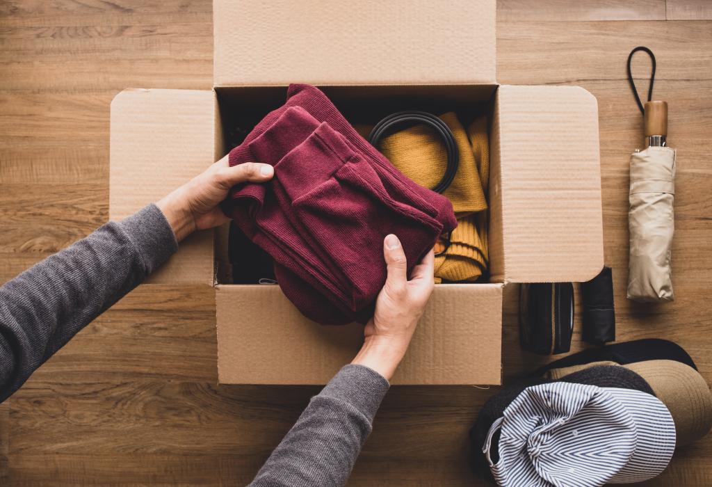Clothing and accessories boxed up to be swapped