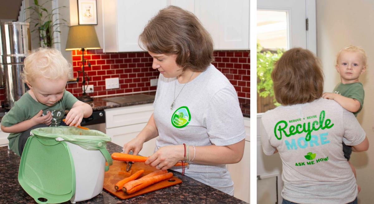 Taylor Youngblood and her son Carl composting