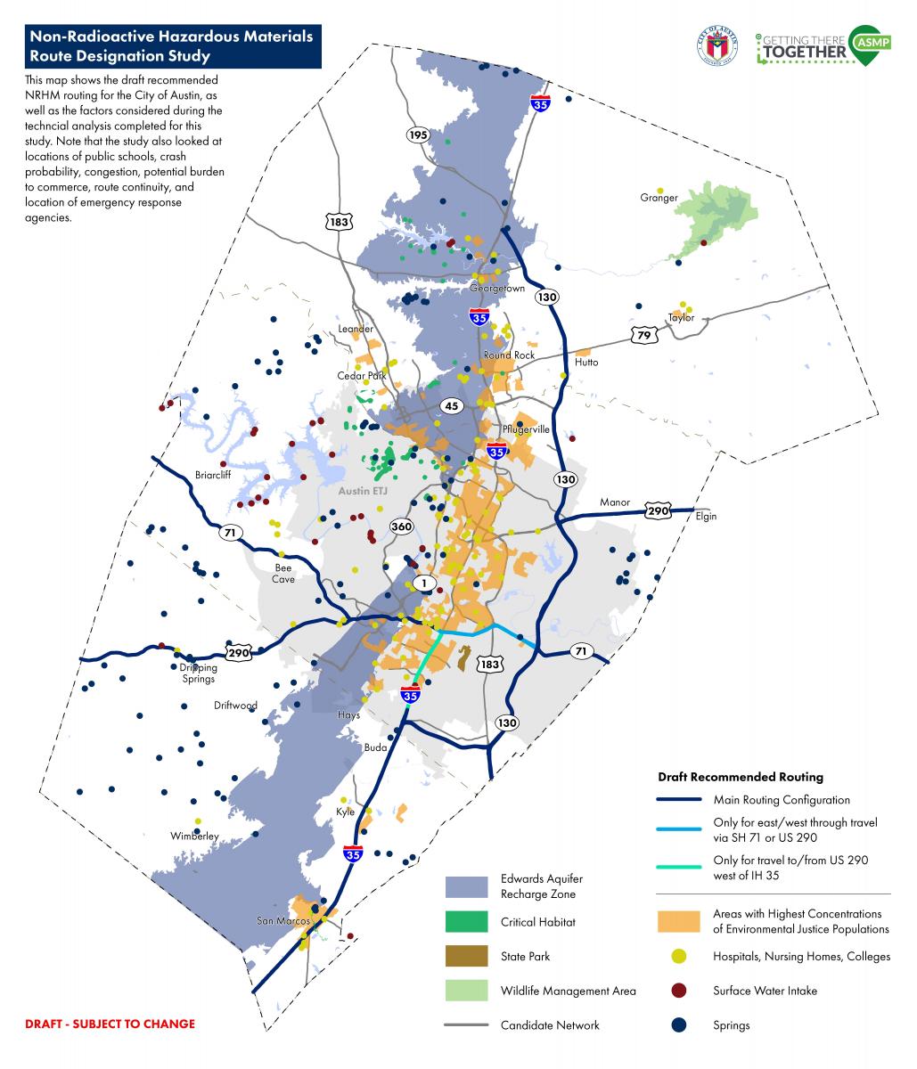Map of recommended routes for non-radioactive hazardous materials, including factors considered during technical analysis.
