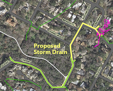 Map showing the proposed storm drain system