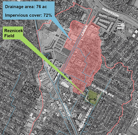 Map showing Reznicek Field and the drainage area