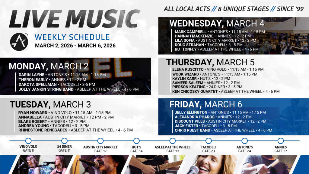 Live music at Austin-Bergstrom International Airport from Monday, March 2 to Friday, March 6