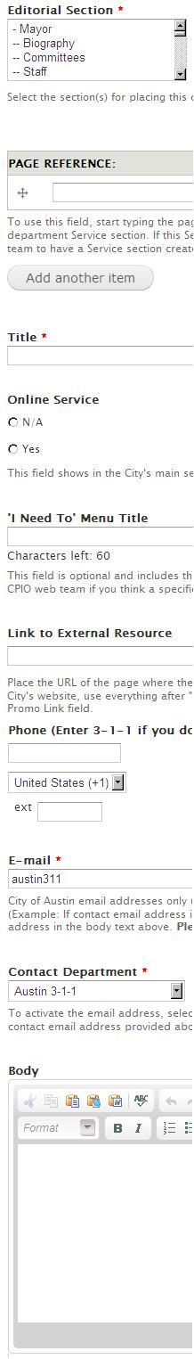 Example form to complete when creating a service