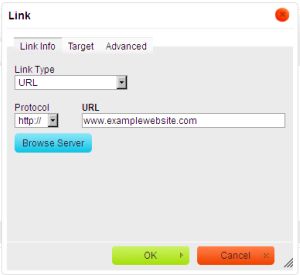 Link properties box with an example of linking to an outside website