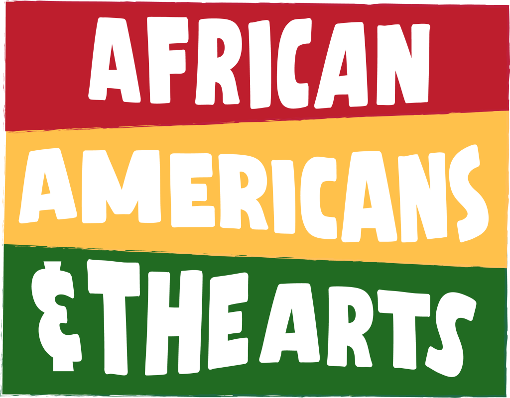 red yellow and green graphic with text "African Americans and the Arts"