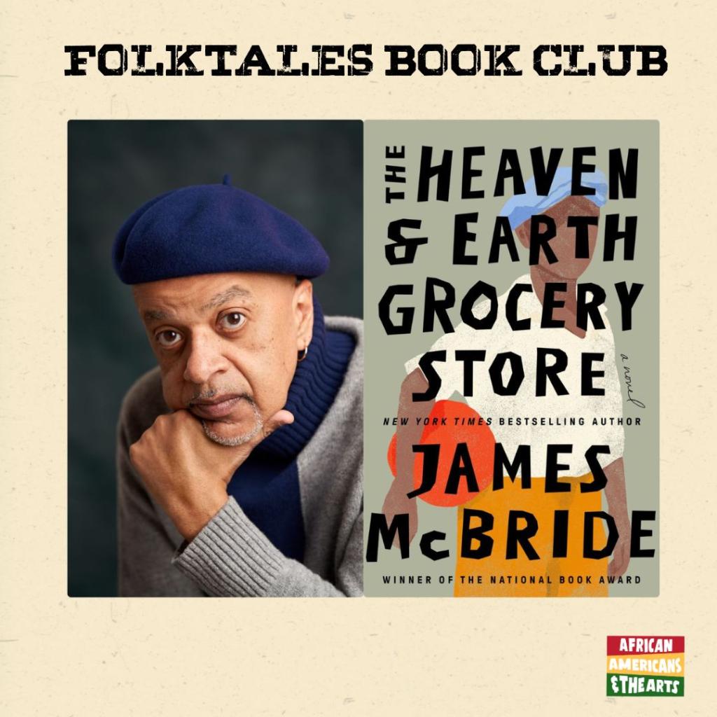 photo of James McBride next to his novel heave and earth grocery store