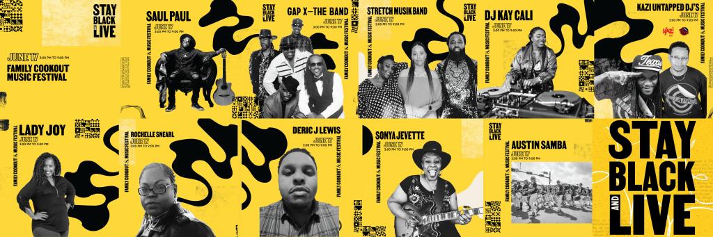 yellow graphic with Juneteenth musicians, dancers, and speakers featured