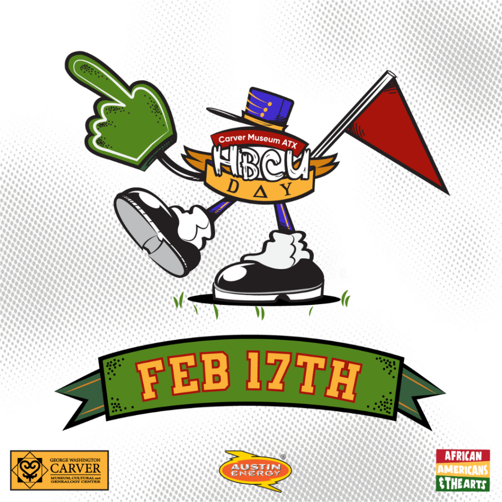 white graphic with cartoon character holding college flag and marching and text reading HBCU Day