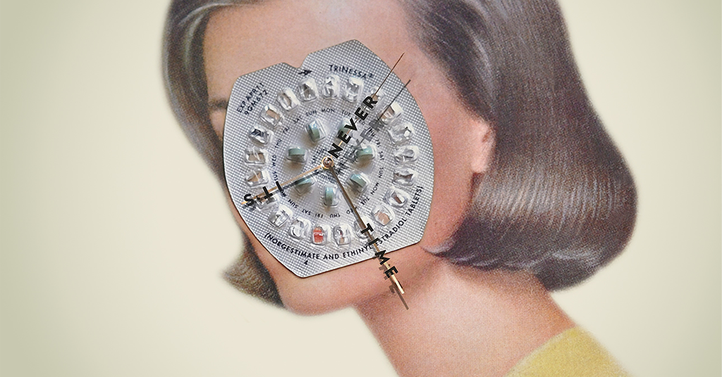 A piece of art depicting an illustration of a woman's head blocked by a pill packet. The packet has clock hands on it with the text 'Its Never Time'