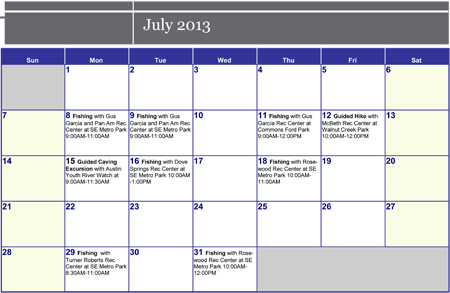 Listings of June 2013 events for Park Rangers, double click for event descriptions