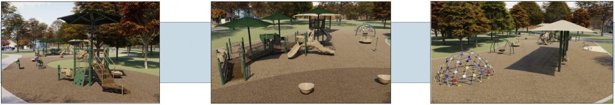 Option C: 2-5 features 1 climbing area, shade, music, 1 slide; 5-12 features partial ramp, 2 slides, 3 climbing areas, bridge, teetor-totter, monkey bars, music; Swings: 3 swing bays, 1 group swing, dome, group & 2 individual spinners, balance beam