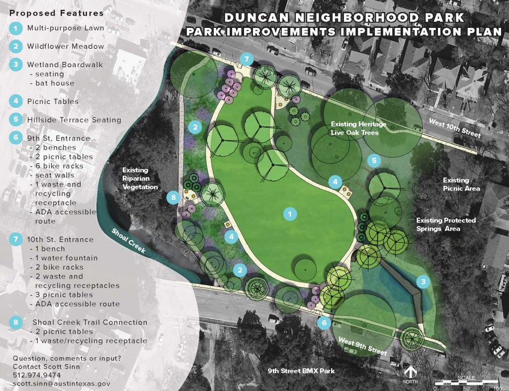 Duncan Neighborhood Park Implementation Plan. Image shows added trash receptacles, bike racks, ADA accessibility, picnic tables, access to wetland