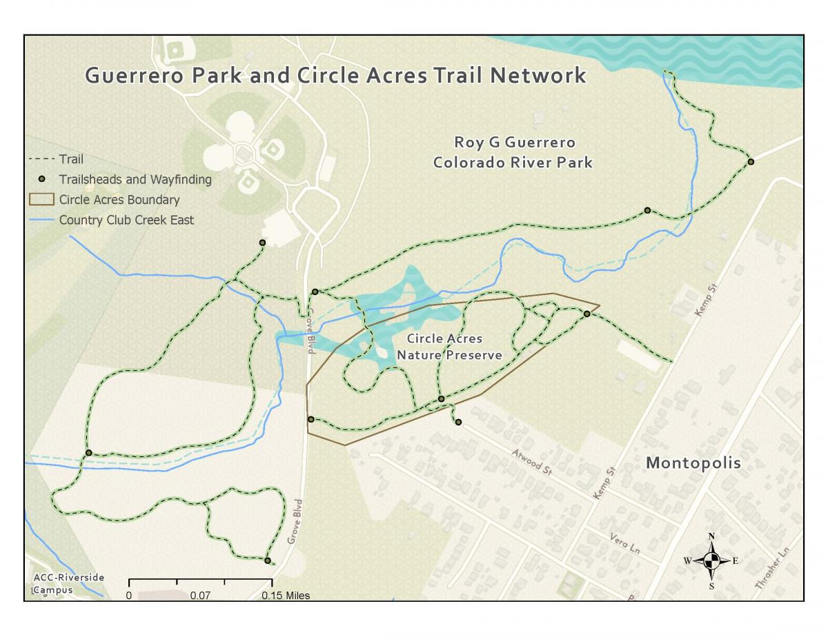 Map of Roy G. Guerrero Colorado River Metro Park and the trail network with new trail marked. Links to PDF.