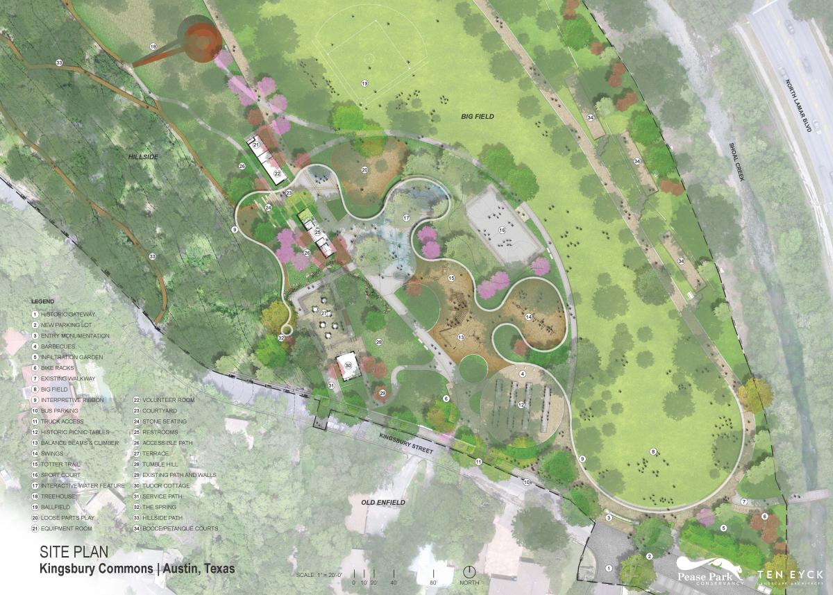 Kingsbury Commons site plan showing location of amenities such as historic gateway, basketball court, ball field, treehouse, and bocce/petanque court