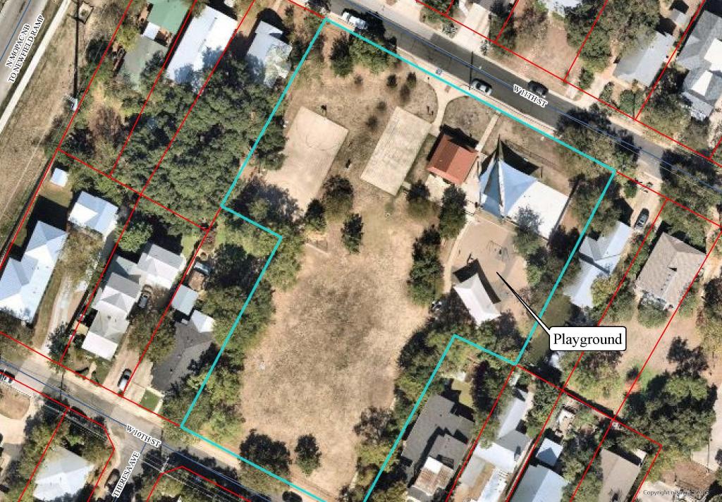 Aerial view with outline of MFB Clarksville Pocket Park with arrow identifying where playground sits
