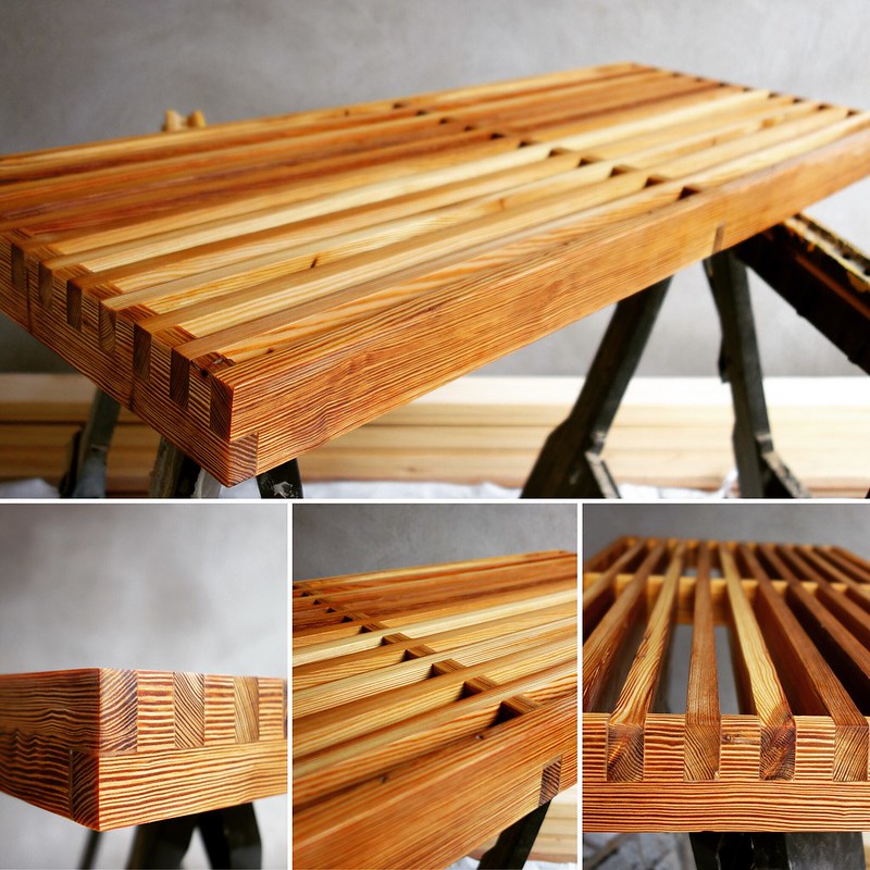 Wood slat table.
